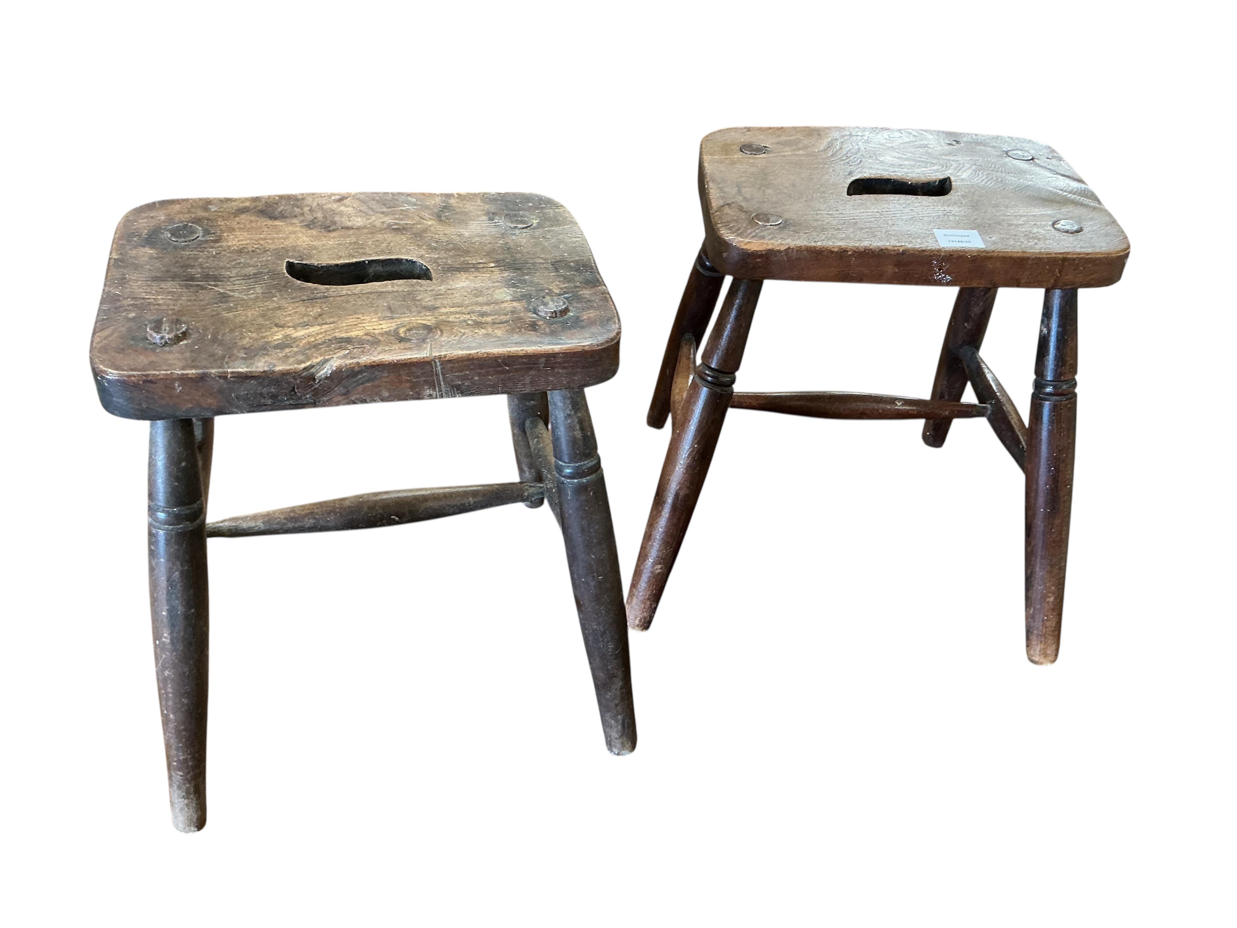 A pair of Victorian elm and beech stools, width 48cm, depth 42cm, height 45cm